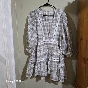 Free People Plaid Long Sleeve Dress with Lace